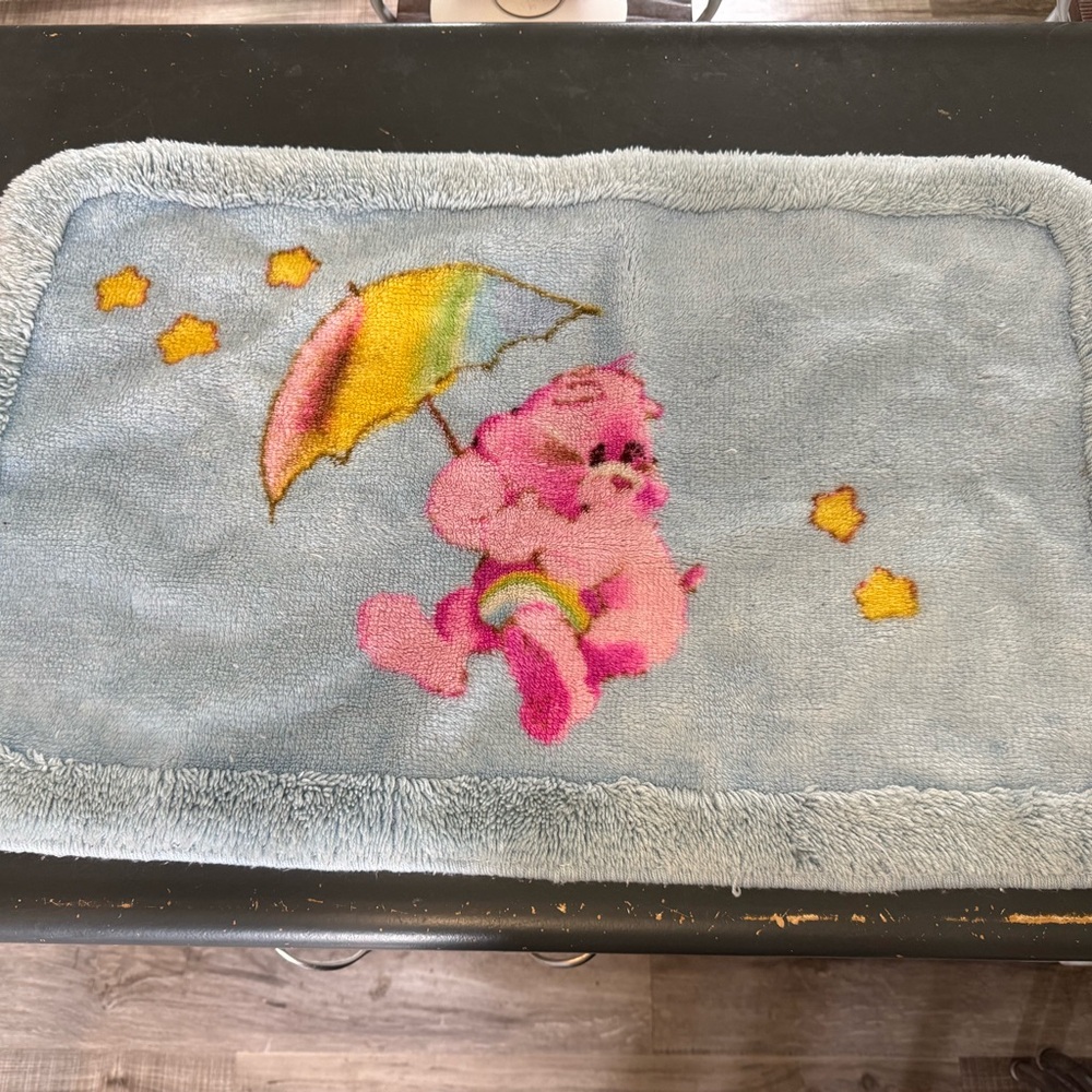 Blue Rug with Pink Bear and Umbrella Design vintage
